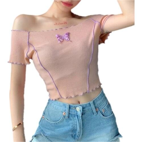 2021 New Trendy Women Summer Short Blouse Women Embroidered Butterfly Printed One-shoulder Short Pink Dress