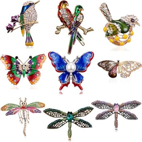 RINHOO Fashion Handmade Colorful Butterfly Couple Birds Dragonfly Crystal Rhinestone Brooch Pin for Women Lady Costume Jewelry