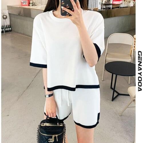 Genayooa Summer Tracksuits Womens Two Peices Set Leisure Outfits Knitted T-shirts High Waist Shorts Suit 2021 Korean Style