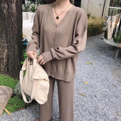 Womens suit Knitted 2 pieces Set Tracksuits Women Autumn fashion cardigan V-neck Loose Sweater + Wide leg pants Cashmere Suit