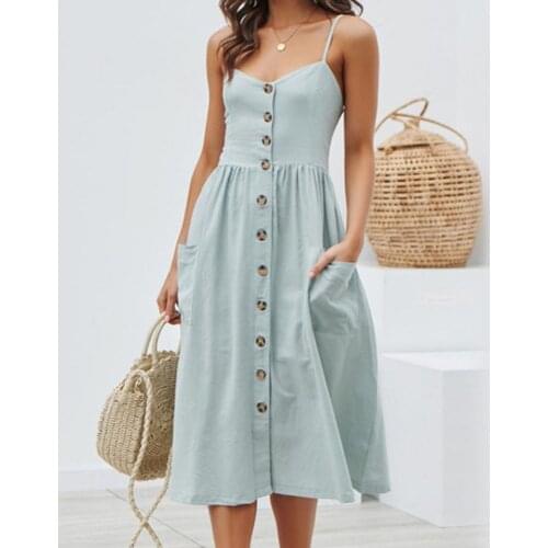 Summer Women Dresses Sexy Sling Dress Solid Color Single-breasted Spaghetti Straps Pockets Backless Midi Dress