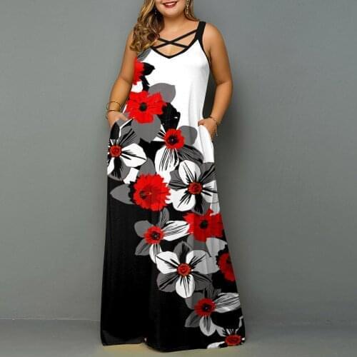 L-5XL Plus Size Floral Print Women Maxi Dress Sexy String V Neck Dress Loose Ladies Long Dress Beach Female Pocket Vestidos D30