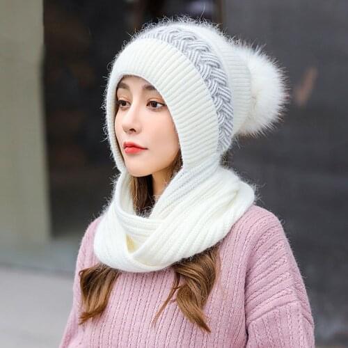 6 Colors Winter Knitted Beanie Hat With Scarf Fashion Warm Fluffy Ball Women Casual Outdoors Skullies Hats Sun Caps Bonnets