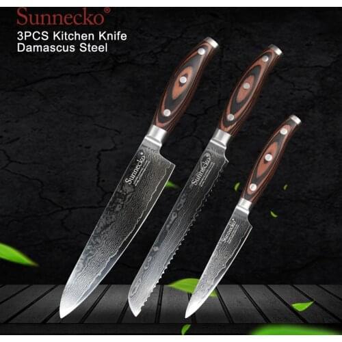 SUNNECKO Chef Bread Utility Knives Damascus Japanese VG10 Steel Blade Sharp Meat Cutter Knife Wood Handle 3PCS Kitchen Knife Set