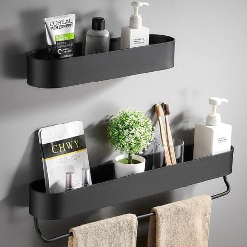 Black Bathroom Shelf 30/40/50 cm Kitchen Wall Shelves Shower Basket Storage Rack Towel Bar Robe Hooks Bathroom Accessories