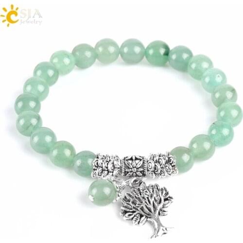 CSJA New Meditation Green Aventurine Women Bracelets Natural Stone Yoga Mala Prayer Rosary Beads Healing Reiki Tree of Life E748