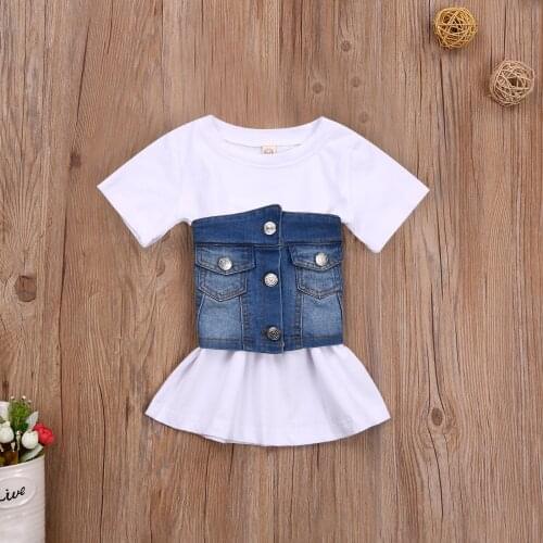 Baby Girl T-shirts Short Sleeve Loose White Top Blue Buttons Chest Pocket Wrapped Vest 2Pcs Children Girls Set