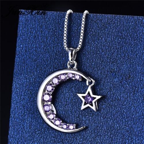 JUNXIN Charm Moon Star Pendant Necklaces For Women White Gold Rose Gold Filled Purple Crystal White Zircon Stone Wedding Choker