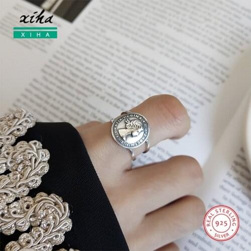 Real 925 Sterling Silver Rings for Women Vintage Elizabeth Portrait Retro Coin Ring Open Adjustable Ladies Statement Jewelry