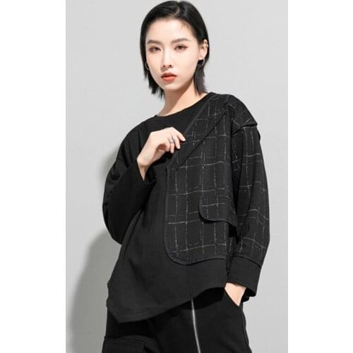 Fashion irregular O-necknew womens dark black fake two-piece suit collar plaid long-sleeved T-shirt female loose plus size top