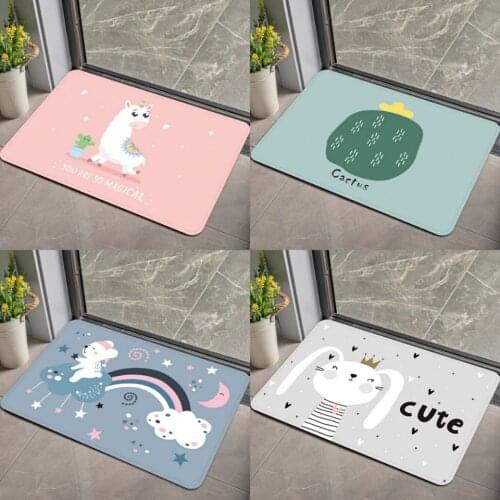 Cartoon Animals Alpaca Bear Rabbit Cat Bathroom Rugs Printed Floor Doormat Plush Carpet Cute Strawberry Anti-slip Entrance Mat