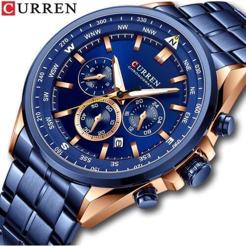 CURREN 2021 Mens Luxury Watches Fashion Sporty Wristwatches Male Chronograph Quartz Stainless Steel Clock with Luminous Hands