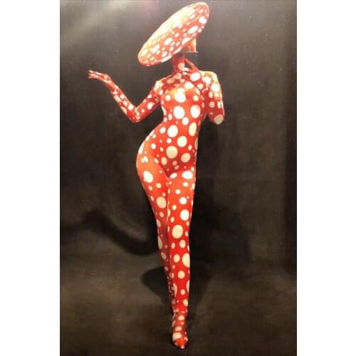 2020 Women New Stage Wear Red Sexy Jumpsuit 3D Printed White Big Dot Bodysuit Without Party Celebrate Show Performance Dancer