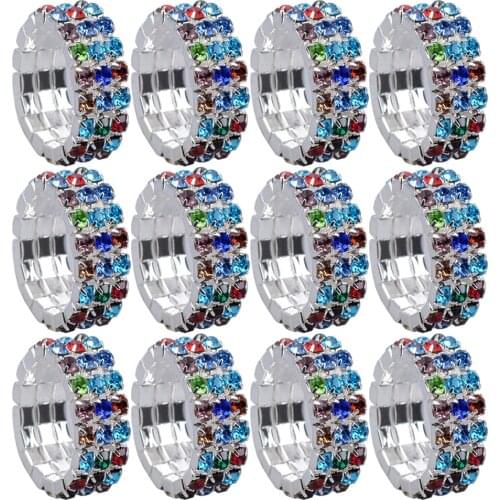Phenovo 12 Pieces 12pcs/Pack Sparkle Triple Row Rhinestone Luxury Wedding Elastic Stretch Ring Fashion Jewelry