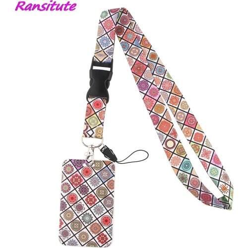 Ransitute R1768 Yoga Mandala Flower Lanyard Credit Card ID Holder Badge Student Women Travel Bank Bus Business Card Cover Badge