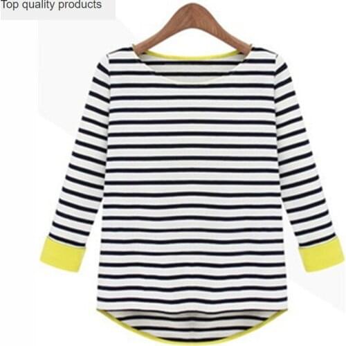S~2XL Women Tops Fashion 2015 Spring Three Quarter Sleeve Striped T Shirts Tees Cotton Puls Size Clothing Free Shipping ZL2763
