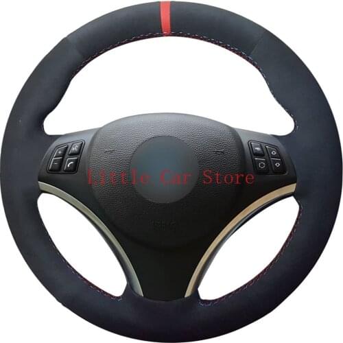 Hand-Stitched Black Suede Red Marker Steering Wheel Cover Wrap For BMW E81 E82 E87 E88 E90 E91 E92 E93 2006-2011