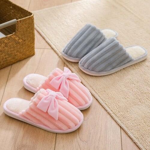 2021 Autumn Winter Cotton Slippers For Women Men Non-slip Soft Warm House Plush Slippers Cute Bow Indoor Home Cotton Shoes