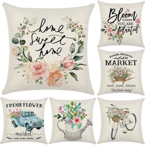 Creative Bicycle Flower Soft Linen Throw Pillow Cover Case Cushion Home Sofa Car Decor Breathable Bicycle Flower Design Car Deco