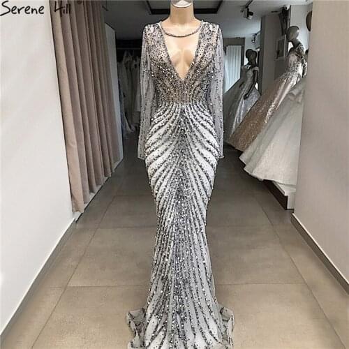 Serene Hill Dubai Luxury Grey Slim Mermaid Evening Dresses 2020 Long Sleeves Beading Sexy Formal Dress DLA60974