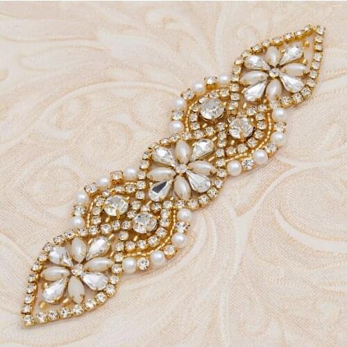 YANSTAR 2pcs RoseGold Rhinestones Appliques With Protein Beads For Wedding Dress Sash Clear Rose Gold Crystal Patch YS874