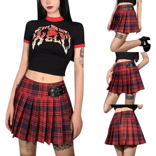Y2K Punk Red/Black Plaid Mini Pleated Skirt Girl High Waist Leather Buckle A-line Skirt Japanese JK Girl School Uniform Skirt