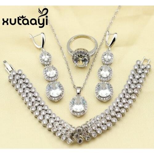 XUTAAYI Jewelry Sets Round White CZ Silver Color For Women, Necklace Pendant Bracelets Long Drop Earrings Rings Free Gift Box
