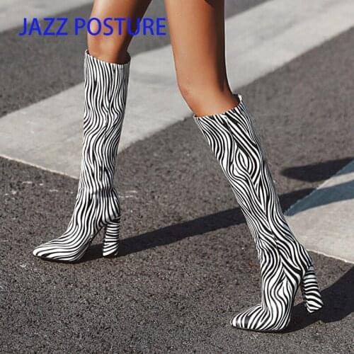 Knee High Boots Pointed Toe Chunky Block Zebra Printing for Women Pointed Toe High Heels Shoes Ladies Thick Heel Boots z643