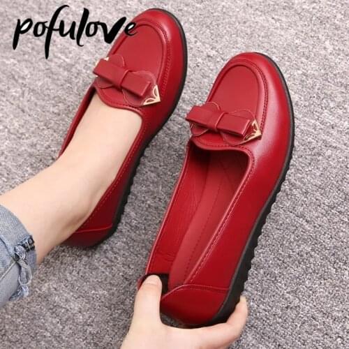 Pofulove Leather Shoes for Women Flats Oxford Shoes Slip on Zapatos Fahsion Brand Luxury Female Ladies Work Shoes Red Black