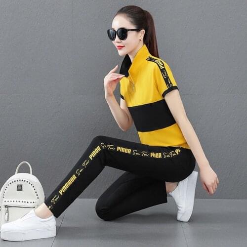 Contrast Color Side Stripe Tracksuit Women Casual Thin Loose Zip Stand Collar Short Sleeve Tops + Sweatpants Joggers 2 Piece Set