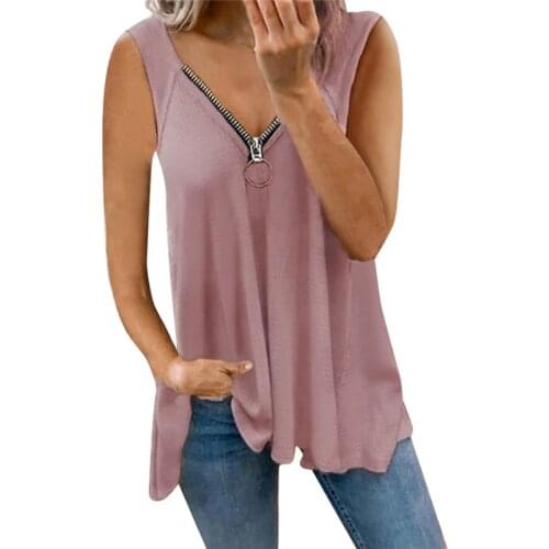 Womens Top Summer Solid Color Tanks T- Shirts Female Patchwork Zipper V-Neck Sleeve Casual Loose Ropa Mujer Kawaii Tops Femme