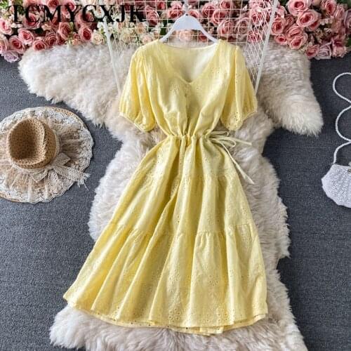 V-Neck Puff Sleeve Slim Mesh Midi Dresses Woman Summer 2021 Elegant White Kawaii Evening Dress Vintage Korean Fashion Dresses