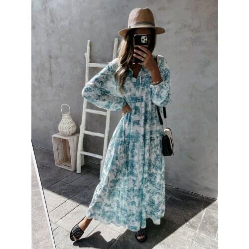 2021 Summer New Flower Print Loose Dress Fashion Lace-Up Drawstring V Neck Long Dress Women Elegant Long Sleeve Party Dress XXL