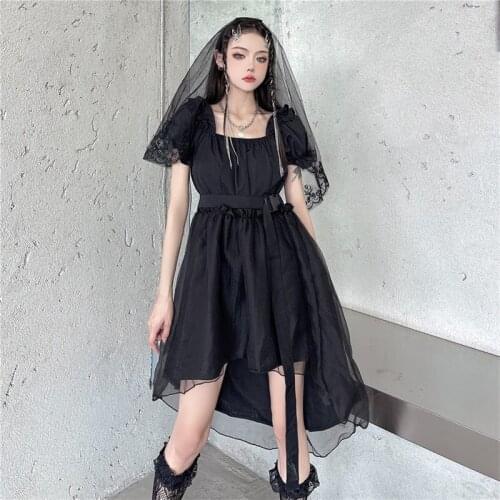 Korean Summer New Harajuku Diablo Style Punk Girl Women Tuxedo Dress Vintage Square Collar Irregular Black Dresses Vestidos