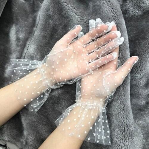 23cm New 1 Pair Lace Gloves Autumn Summer Women Short Tulle Gloves Stretchy Lotus Leaf Sheers Flexible Mesh Gloves Full Finger
