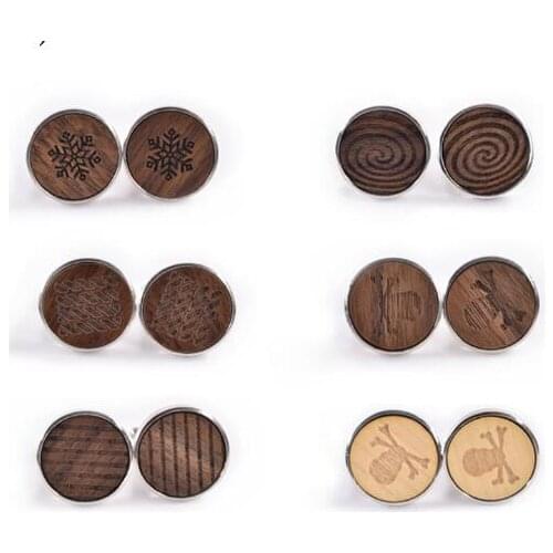 10pairs/lot Wooden Cufflinks Natural Wood Lacer/Snowflake/Strip/Skull Pattern Cuff Links Mens Jewelry Wholesale