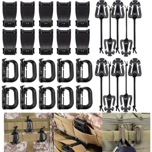 30 Attachments for Molle Backpack D-Ring Grimloc Locking Gear Clip Web Dominator Elastic Strings Strap Management Tool Buckle