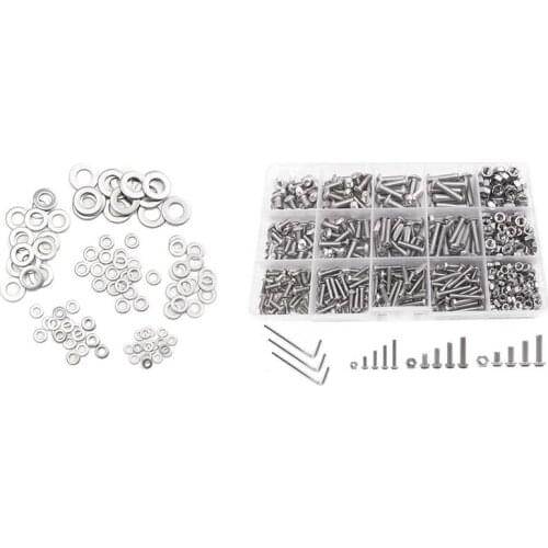 500 Pcs M3 M4 M5 Stainless Steel Button Head Hex Socket Head Cap Bolts Screws & 105Pcs 304 Flat Stainless Steel Washers