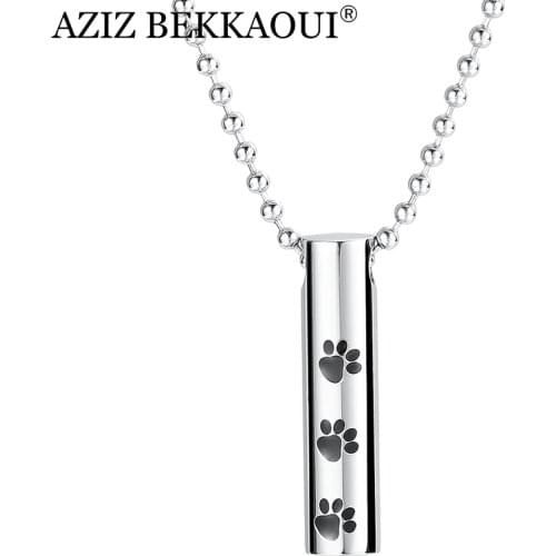 AZIZ BEKKAOUI Engrave Name Tube Shape Cremation Urn Pendant Stainless Steel Paw Cylinder Pet Keepsake Memorial Ashes Necklace