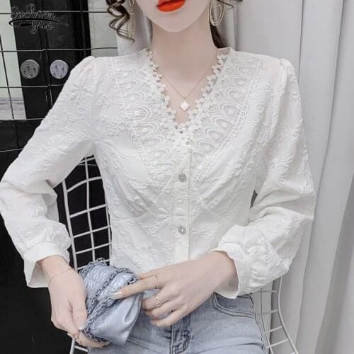 Crochet Lace Top Pleated Shirts Blouses Long Sleeve White Vintage Shirt Autumn French Elegant V-neck Womens Blouse Blusas 17168
