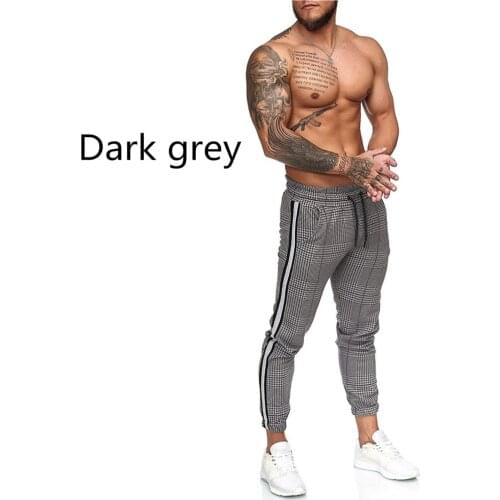New Men Own Plaid Pants Placket Button Elastic waistband trend all-match skinny casual jogging trousers