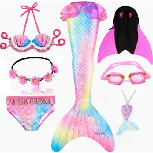 Kids Mermaid Tail Swimsuit With Fins Tops Bikini suit Fantasy Girls Monofin Swimmable Halloween Costumes Cosplay Children Gift