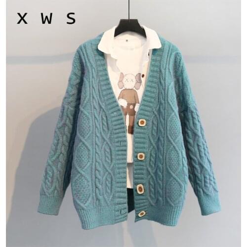 2020 V neck Long Sweater and Cardigans Long Sleeve Button Up Twisted Loose Knit Jacket Oversized Casual Coat Knitwear