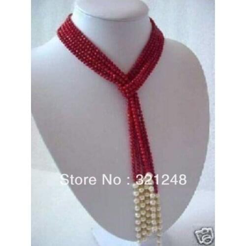 Free shipping new fashion diy 5mm charming red artificial coral with natural white pearl scarf necklace 50inch/strand GE4603