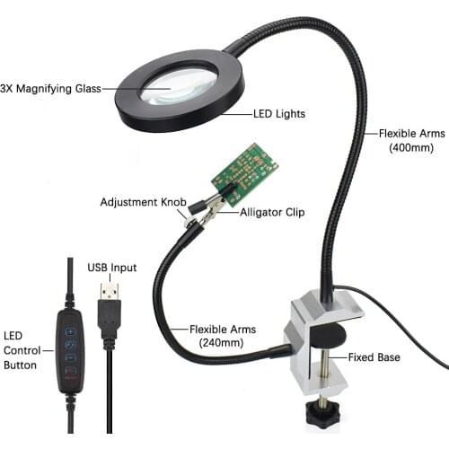 Flexible Soldering Iron Clip USB 3X Illuminated Magnifying Glass Lighting Table Clamp Repairing Helping Magnifier Welding Loupe