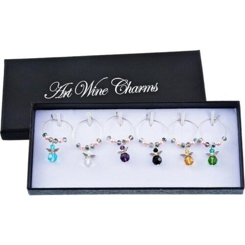 Hoomall 6PCs Crystals Wine Charms Gift Box Angel Enamel Pendant Dinner Table Cup Markers Christmas Party Wedding Decoration