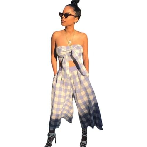 2018 Summer Women Sets Sexy Two Piece Outfits Print Plaid Strapless Crop Top and Loose Wide Leg Pants Suits Casual Matching Set