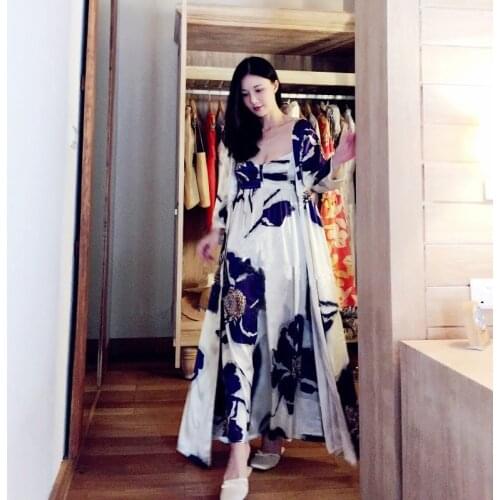 Blue Floral Print Silk Luxury Women 2 Pieces Robes Sets Elegant Long Sleepwear Female Bathrobe Sexy Lingerie Sleep Dress 5589