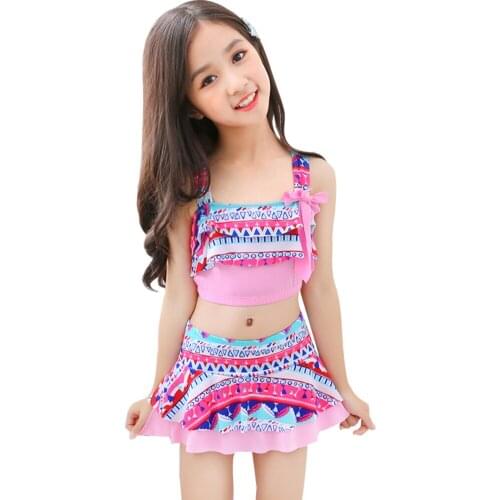 Girls Two-Piece Swimsuit with Skirts Kids Beachwear Swimming Tops Bathing Suits Sleeveless Tshirt Princess Hot Spring Swimwear