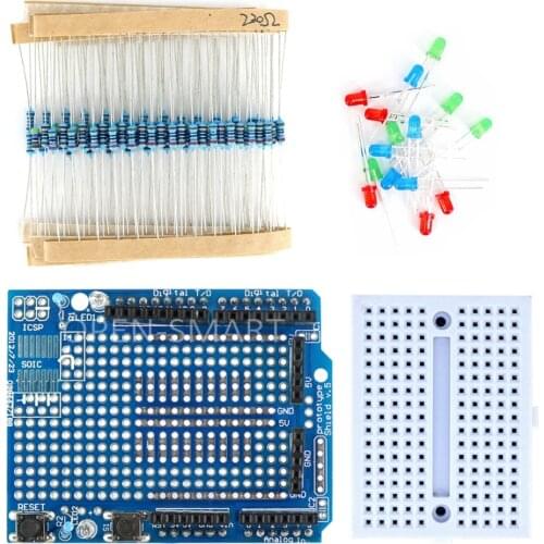 Mini Breadboard + Prototype Shield Kit with Resistor and LED for Arduino
